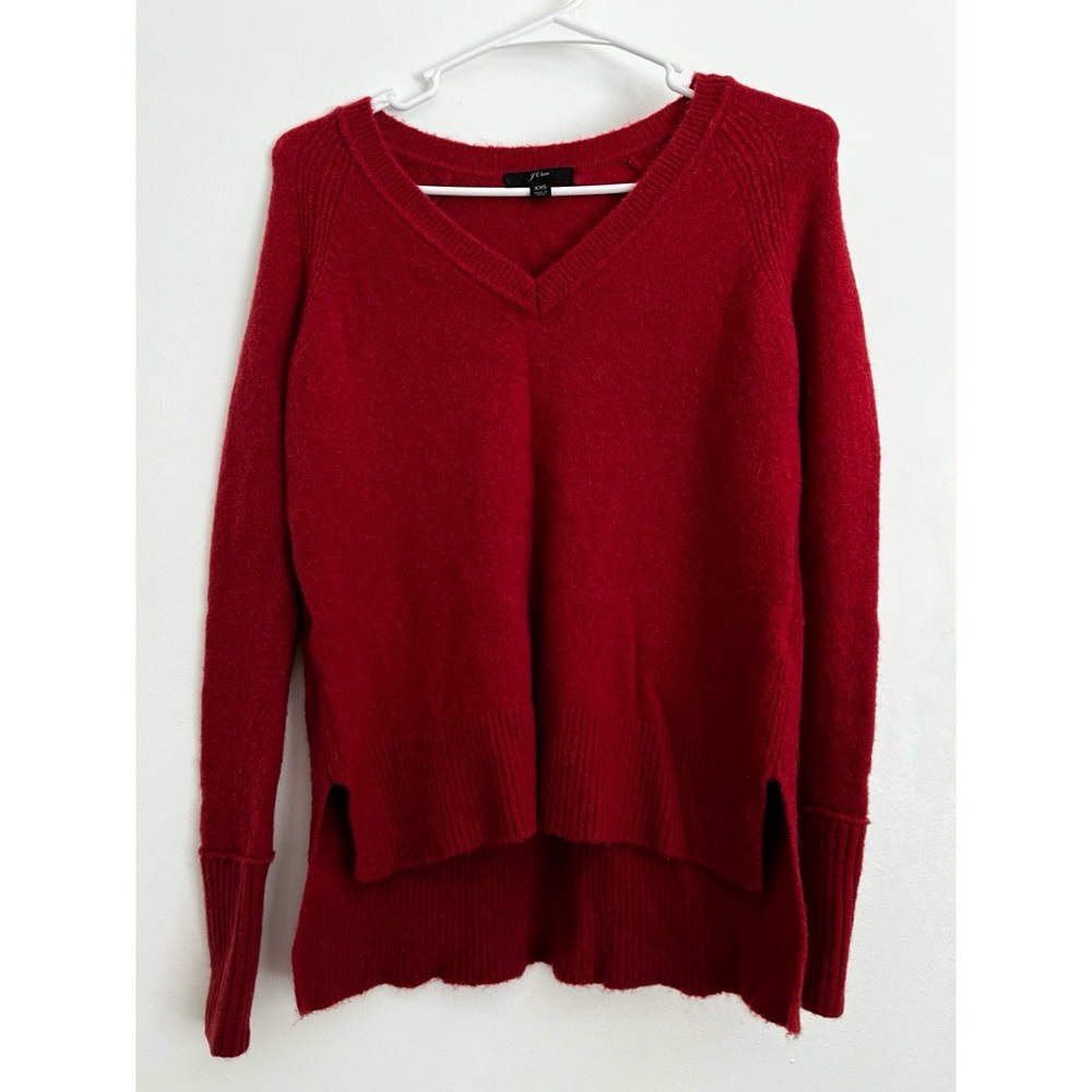 J.Crew Rusty Red V-Neck Hi-Lo Wool Alpaca Blend Sweater Soft Fuzzy Yarn Size XXS